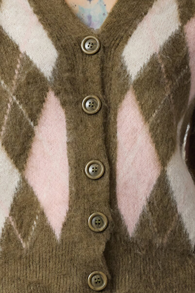 Trendyol Collection Khaki V-Neck Soft Textured Plaid Pattern Knitwear Cardigan Twoaw25Hi00276