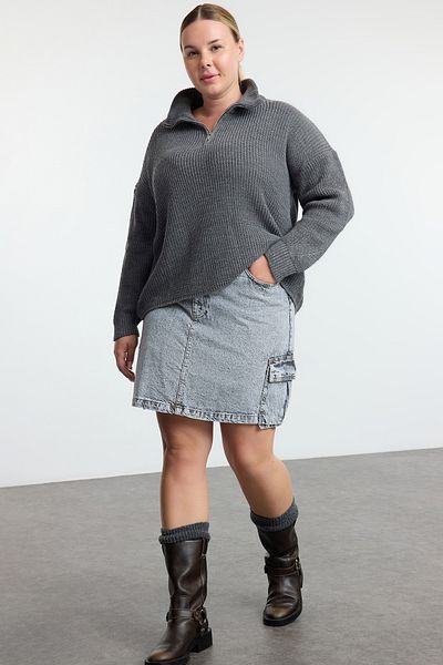 Trendyol Curve Anthracite Zip Collar Knitwear Sweater Tbbaw25An00026
