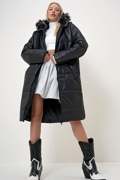 VAGGON Black Fur Puffer Coat - Long with Fillet Pocket Prm1109