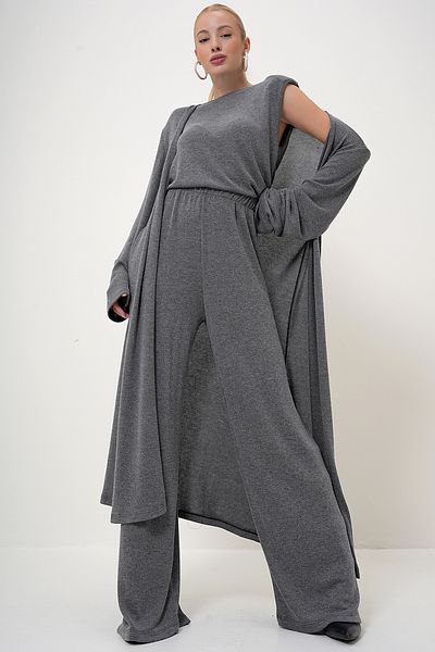 VAGGON Dámská antracitová vycpaná ramenní halenka s výstřihem, kalhoty a cardigan set Prm1062