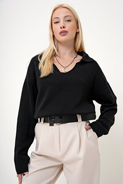 VAGGON Dámský úpletový svetr s černým polo límečkem s elastickým pasem a rukávem Prm1071