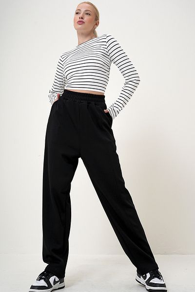 VAGGON Schwarze Shalwar-Cut-Modal-Hose für Damen mit elastischem Bund und Doppeltaschen Prm1081