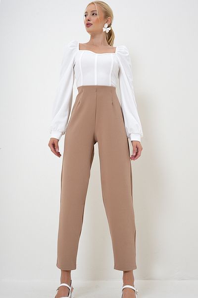 VAGGON Damen-Crêpe-Hose mit hoher Taille – Dunkelbeige PRM1083