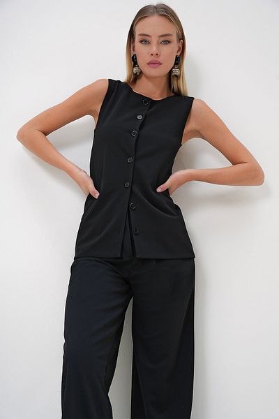 Trend Alaçatı Stili Schwarze lange Kreppweste mit Rundhalsausschnitt für Damen ALC-X13005
