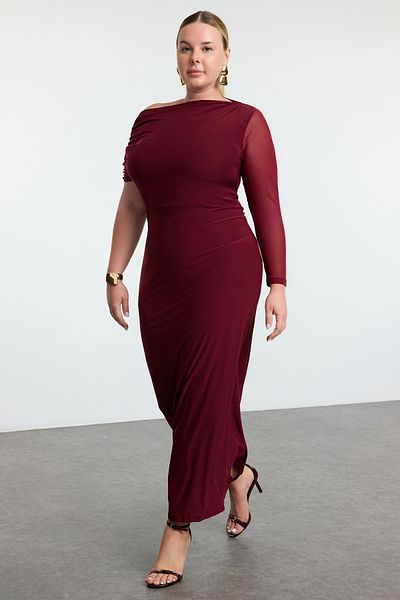 Trendyol Curve Burgundy Sandy Knitted Plus Size Dress Tbbaw25Ah00073