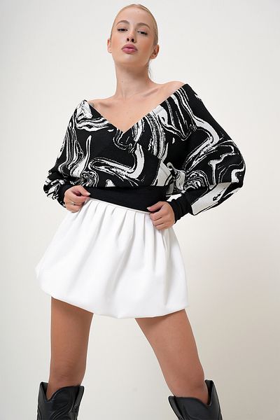 VAGGON Schwarze Damenbluse mit V-Ausschnitt vorne und hinten, zweireihig, gemustert, Prm1076