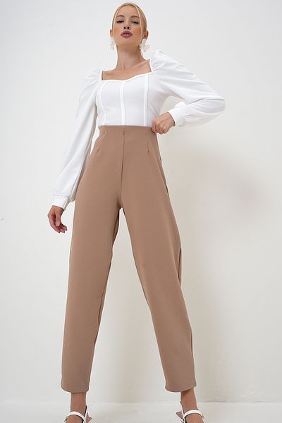 VAGGON Damen-Crêpe-Hose mit hoher Taille – Dunkelbeige PRM1083