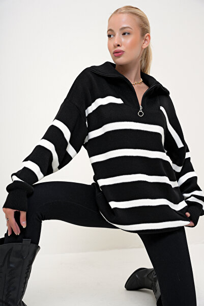 VAGGON Pulover de iarnă pentru femei, negru, cu fermoar, în dungi Prm1070