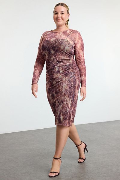 Trendyol Curve Brown Tulle Knitted Plus Size Dress