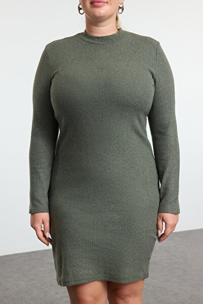 Trendyol Curve Χακί Φόρεμα με ριμπ χειμωνιάτικο πλεκτό σε μέγεθος