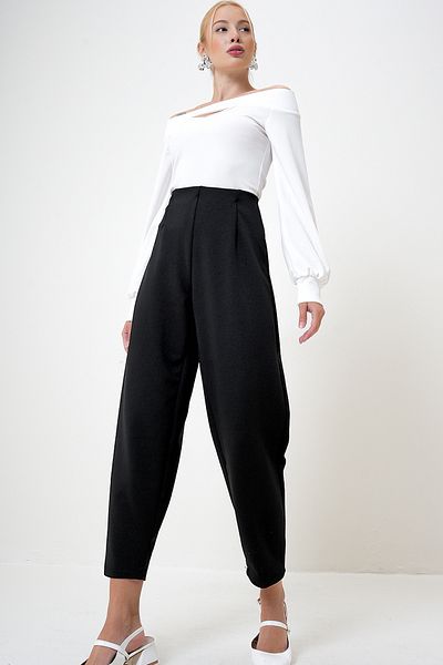 VAGGON Schwarze, hoch taillierte, fließende Krepp-Strickhose für Damen Prm1083