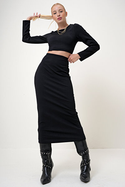 VAGGON Black Crop Blouse and Midi Corduroy Skirt Set - Crew Neck Prm1056