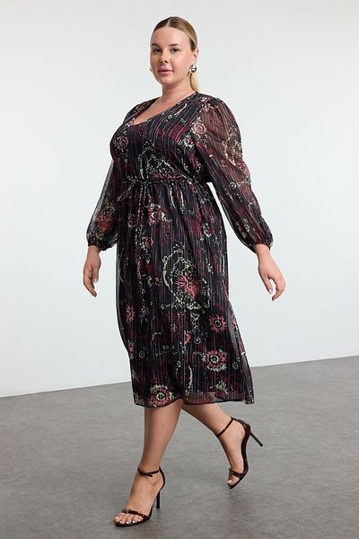 Trendyol Curve Plus Size Chiffon Dress - Black Floral and Glitter Lining Tbbaw25Ah00088