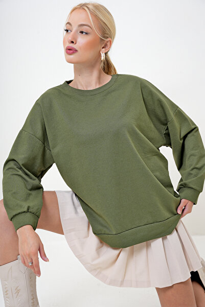 VAGGON Khaki Color Oversize Crew Neck Women's Sweatshirt - Prm1096