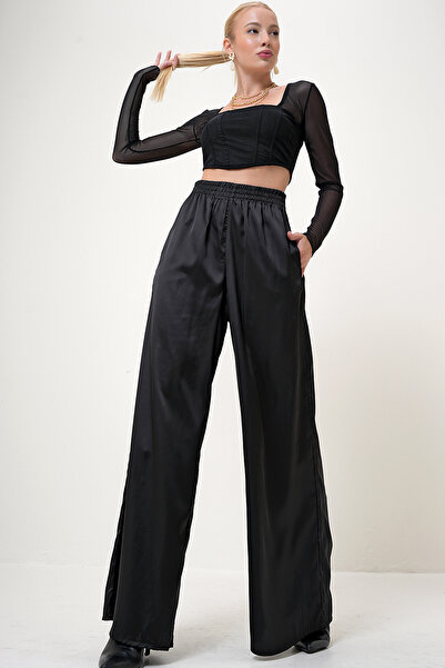 VAGGON Dámské černé saténové kalhoty Palazzo s vysokým pasem s elastickým pasem Prm1110