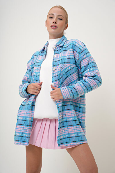 VAGGON Cămașă de damă cu ștampilă supradimensionată în carouri roz albastru - buzunar dublu PRM1086