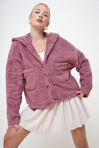 VAGGON Damen-Plüschmantel Dusty Rose mit Kapuze und doppelter Tasche Prm1101