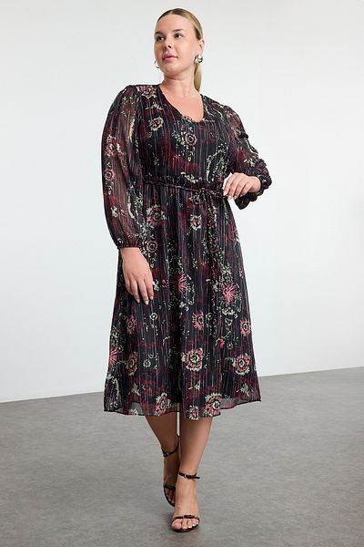 Trendyol Curve Plus Size Chiffon Dress - Black Floral and Glitter Lining Tbbaw25Ah00088
