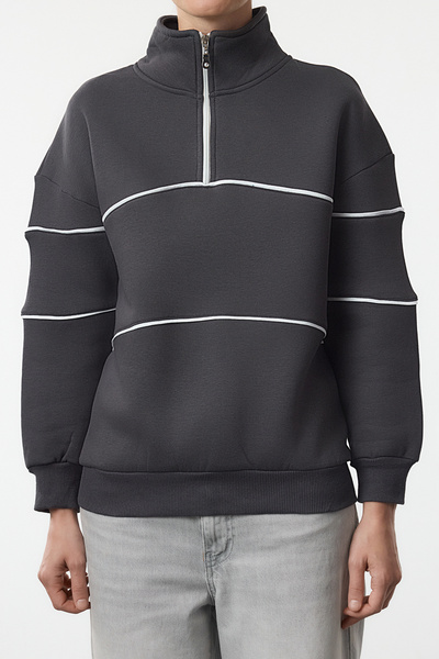 Trendyol Collection Anthracite Zippered Collar - Ribbed Detailed Wide Fit Sweatshirt Twoaw25Sw00299
