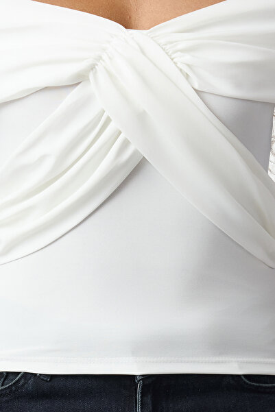 Trendyol Collection Carmen Collar Double Breasted Coverage - Three Quarter Sleeve Ecru Knitted Blouse Twoaw25Bz00303