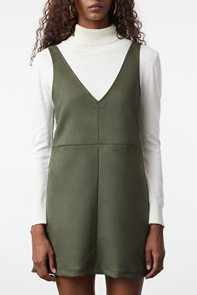 Trendyol Collection Khaki V-nyakú Gilet velúr mini kötött ruha TWOAW24EL00543