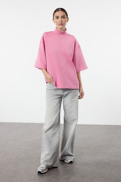Trendyol Collection Růžová oversize/široký stojáček pletená mikina s tříčtvrtečním rukávem Twoaw25Sw00016