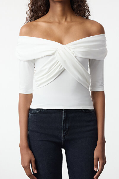 Trendyol Collection Carmen Collar Double Breasted Coverage - Three Quarter Sleeve Ecru Knitted Blouse Twoaw25Bz00303