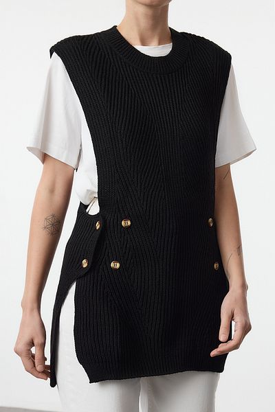 Edit by Trendyol Black Crew Neck Button Detailed Knitwear Sweater Tedaw25Sv00007