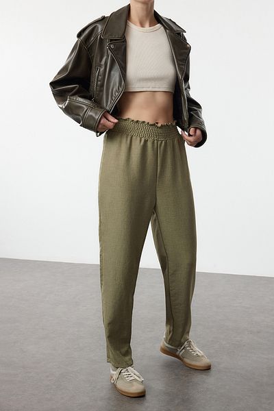 Edit by Trendyol Khaki Wide Leg - Elastic Waist Woven Trousers Tedaw25Pl00016