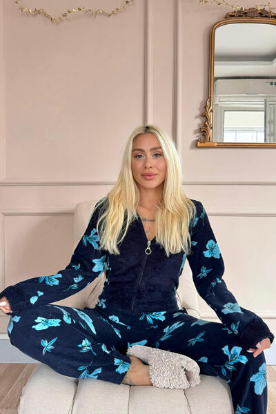 Pijamaevi Lacivert Palmate Desenli Kadın Polar Peluş Tulum Pijama