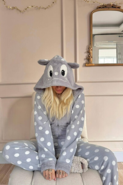Pijamaevi Gray Dot Patterned Women's Fleece Plush Jumpsuit Pajamas