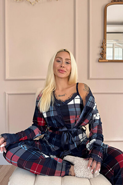 Pijamaevi Ekose Baskılı Sabahlıklı Kadife Pijama Takımı