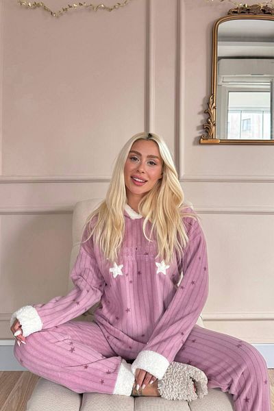 Pijamaevi Ροζ Everyday Magic Pattern με κουκούλα βελούδινη πολική πιτζάμα