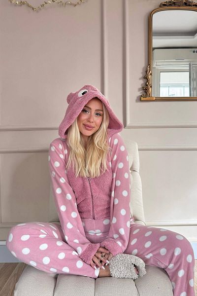 Pijamaevi Rózsaszín pöttyös mintás női polár plüss jumpsuit pizsama szett