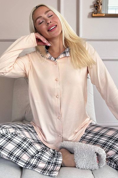 Pijamaevi Yellow Plaid Patterned Thermal Front Buttoned Women's Pajamas Set