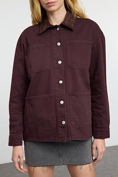 Trendyol Collection Burgundy Suede Contrast Collar Denim Shirt Jacket Twoaw25Ce00026