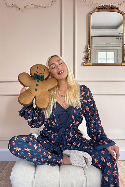 Pijamaevi Sötétkék Cookieman mintás Thermal Peignoir női pizsama szett
