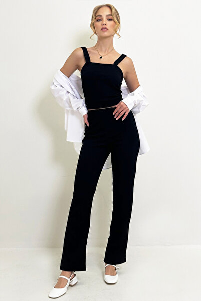 Trend Alaçatı Stili Women's Black Thick Strap Blouse and Elastic Waist Wrap Pants Set Alc-X12938