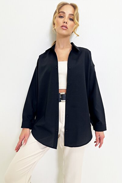 Trend Alaçatı Stili Kadın Siyah Oversize Uzun Dokuma Gömlek ALC-X6828