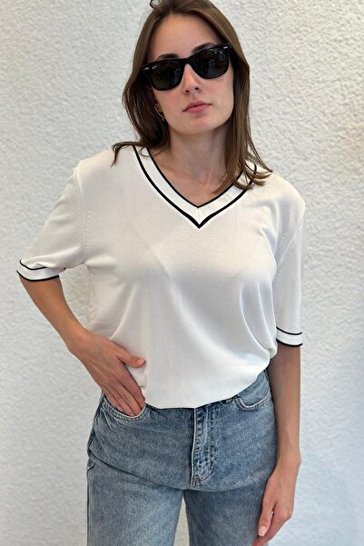 novon Premium Contrast V-Neck Short Sleeve Mercerized Knitwear (34-42 Sizes Range)