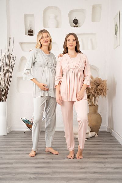 LOHOUSE Women's Green Flannel Patterned Winter Maternity Maternity Dressing Gown 3-Piece Pajamas Set