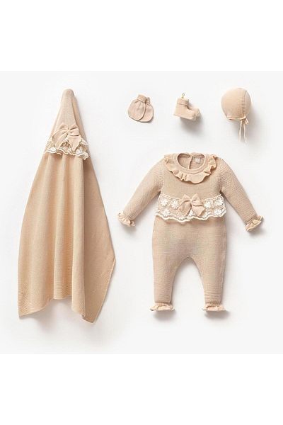 Magu Baby Girl Beige Cotton Knitwear Lace 5 Piece Blanket Hospital Exit Bodysuit Set
