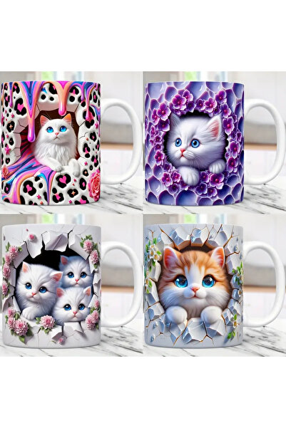MARİS STORE 4'Lü Kedi Baskılı 3D Efekli Hediyelik Porselen Kupa Bardak