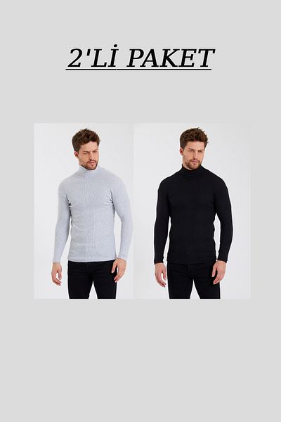 ZENCLOK Unisex 2-Piece Ready Pack Gray - Black Turtleneck Camisole Ribbed Slimfit Turtleneck Sweater