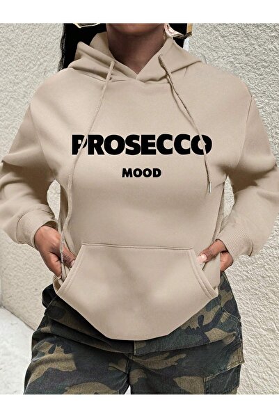 over head oh Μπεζ Prosecco Printed Oversize Γυναικεία κουκούλα - 3 κλωστές