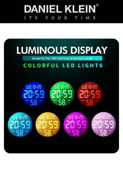 Daniel Klein New Model 8-12 Years Old 7 Lights Digital Alarm-Stopwatch 5 Atm Waterproof Blue Black Men's Watch