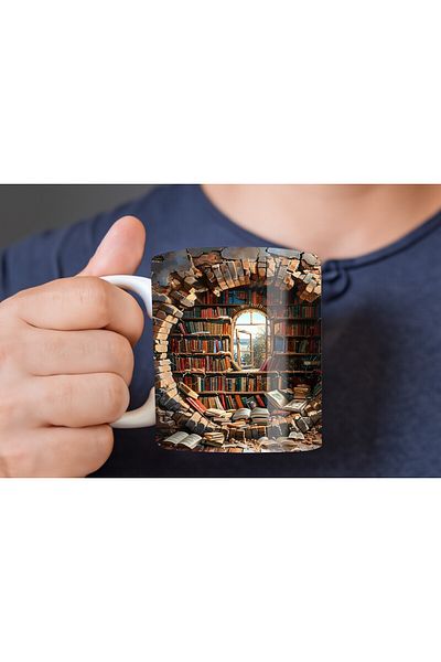 Evion Bookshelf Library Printed 3D Design Ceramic Mug - Gift Mug Cup