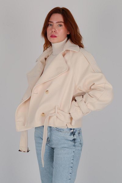 FACETTE Women's Ecru Short Stamp Coat with Epaulettes