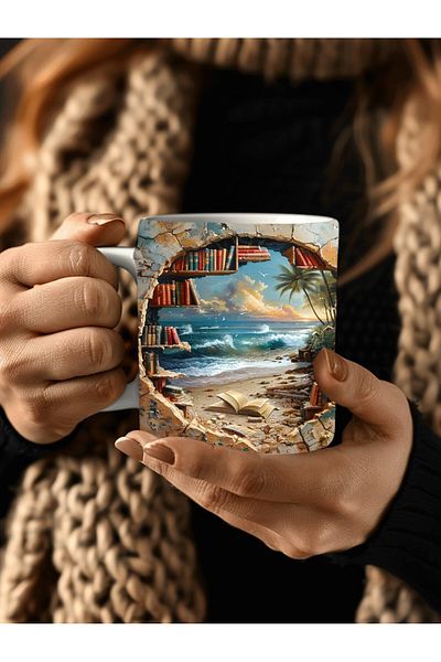 Evion Bookshelf Library Printed 3D Design Ceramic Mug - Gift Mug Cup