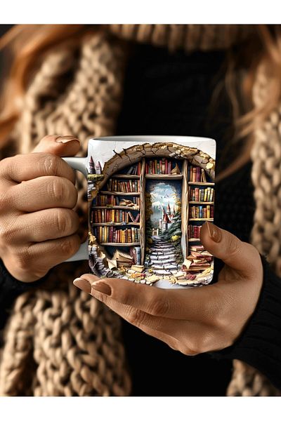 Evion كوب سيراميك بتصميم ثلاثي الأبعاد مطبوع عليه مكتبة خزانة الكتب - كوب هدية